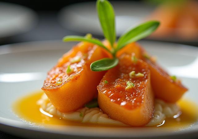 Detailed food photography of a gourmet dish prepared by a chef