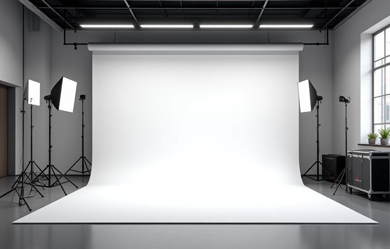 Interior view of the main shooting area at Studio Luz e Cor with white backdrops and lighting equipment